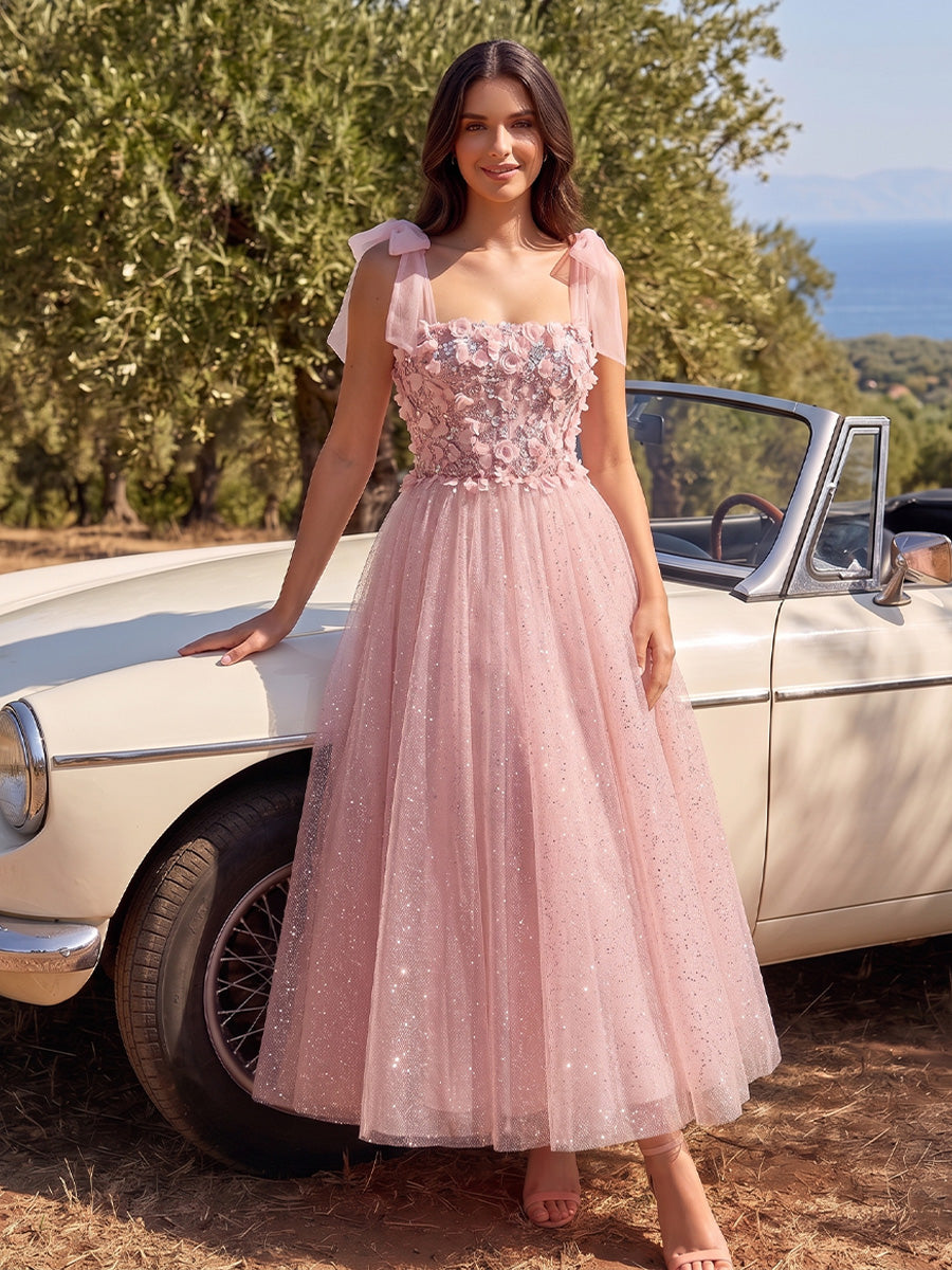Pink 3D Floral Midi Prom Dresses Bow Strap Square Neck A-Line Beaded Glitter Tulle