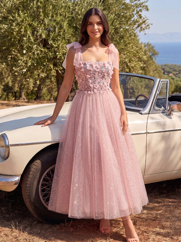 Pink 3D Floral Midi Prom Dresses Bow Strap Square Neck A-Line Beaded Glitter Tulle