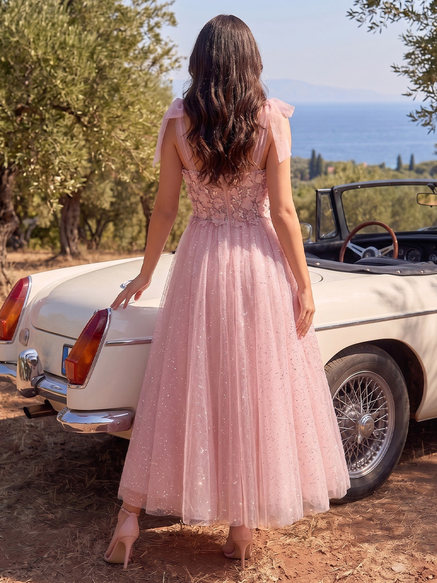 Pink 3D Floral Midi Prom Dresses Bow Strap Square Neck A-Line Beaded Glitter Tulle