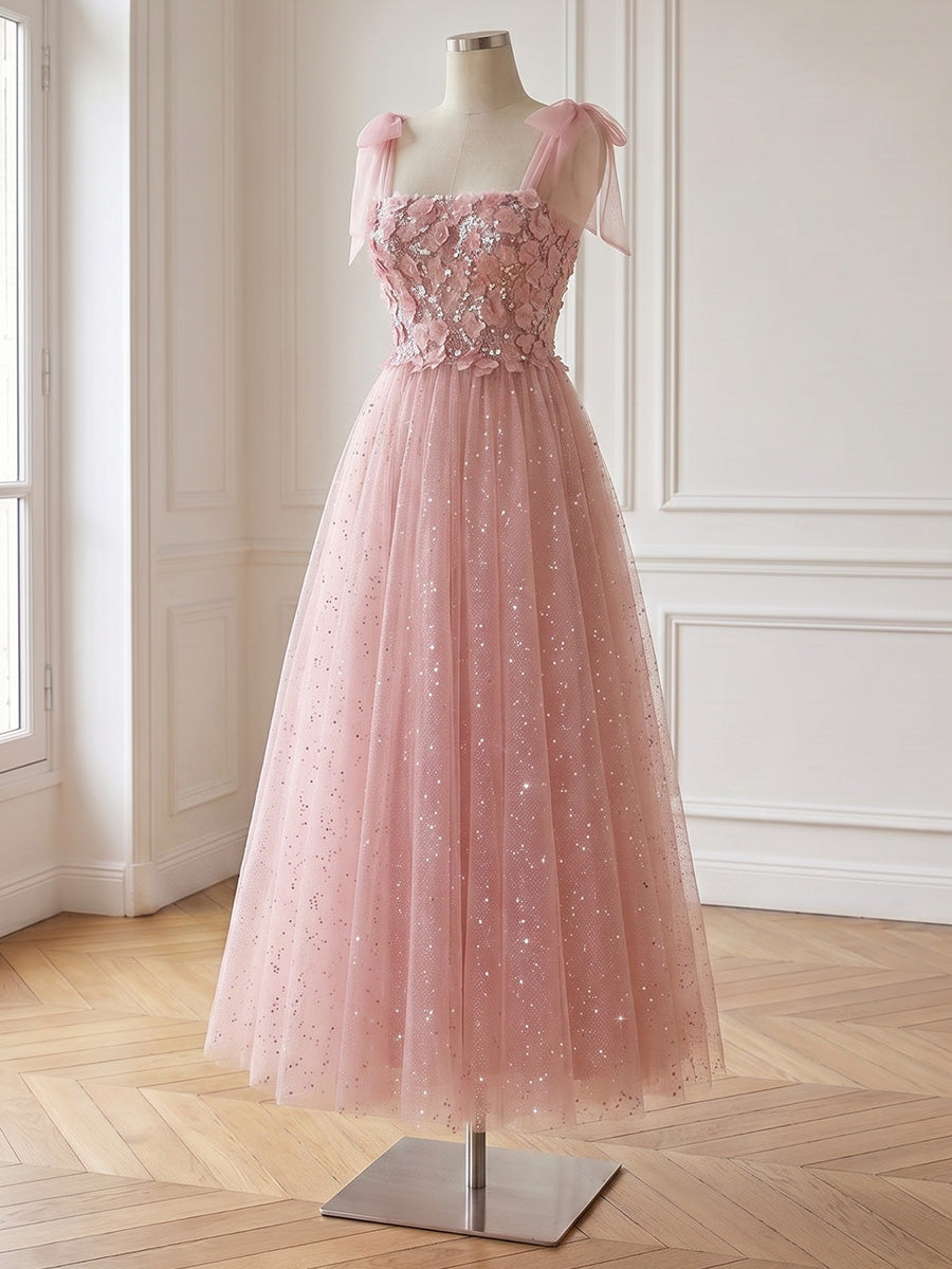 Pink 3D Floral Midi Prom Dresses Bow Strap Square Neck A-Line Beaded Glitter Tulle