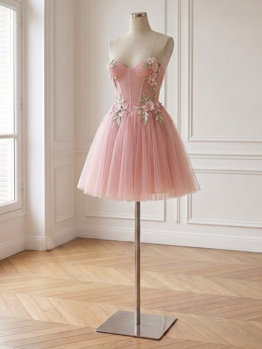 3D Floral Tulle Mini Prom Dresses Corset A Line Pink Strapless Sweetheart