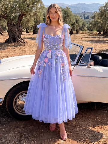 3D Floral A Line Midi Prom Dresses Lavender Tulle Sweetheart Bow Strap