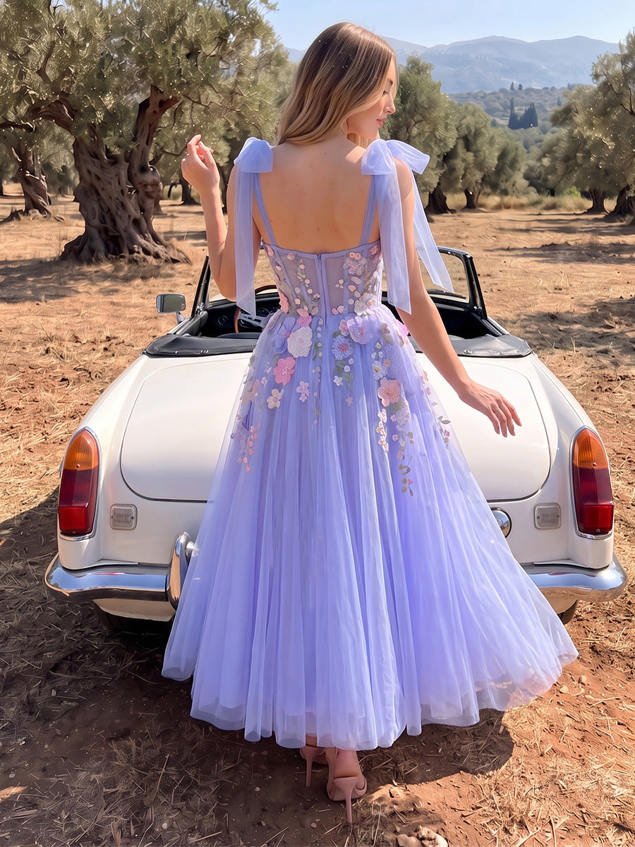3D Floral A Line Midi Prom Dresses Lavender Tulle Sweetheart Bow Strap