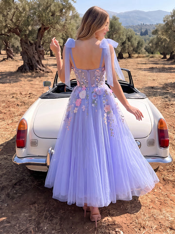 3D Floral A Line Midi Prom Dresses Lavender Tulle Sweetheart Bow Strap