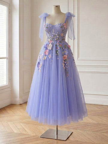 3D Floral A Line Midi Prom Dresses Lavender Tulle Sweetheart Bow Strap