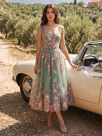 Floral Embroidered Tulle Midi Prom Dress Sage Green Square Neck A Line