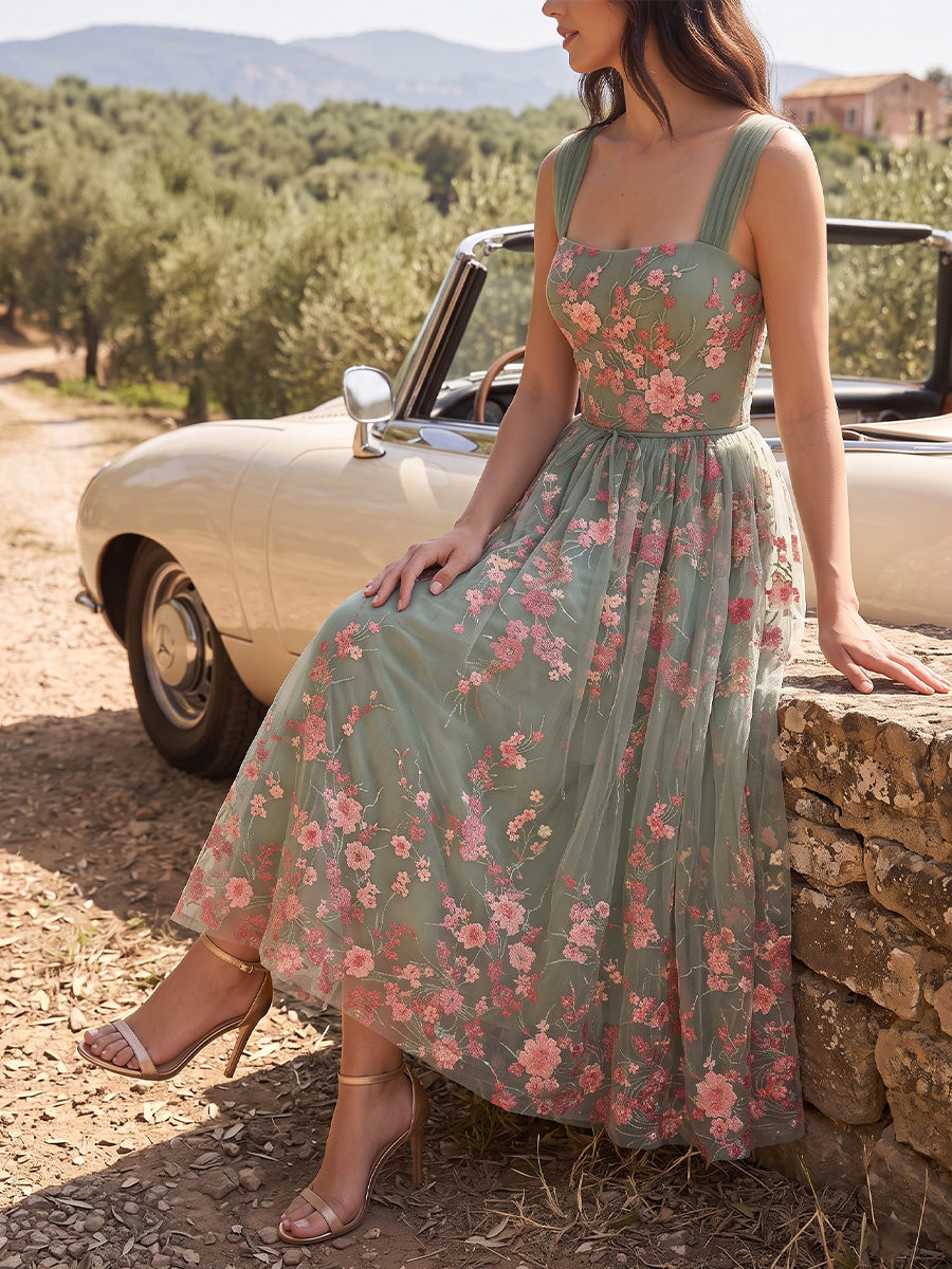 Floral Embroidered Tulle Midi Prom Dress Sage Green Square Neck A Line