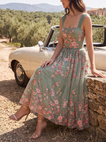 Floral Embroidered Tulle Midi Prom Dress Sage Green Square Neck A Line