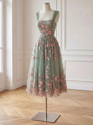 Floral Embroidered Tulle Midi Prom Dress Sage Green Square Neck A Line