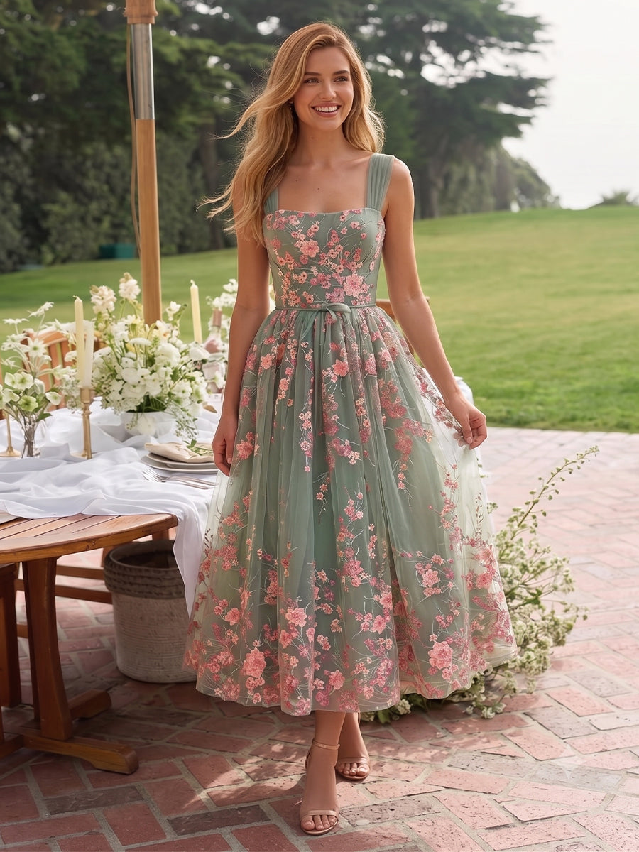 Floral Embroidered Tulle Midi Prom Dress Sage Green Square Neck A Line
