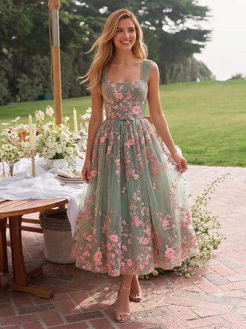 Floral Embroidered Tulle Midi Prom Dress Sage Green Square Neck A Line