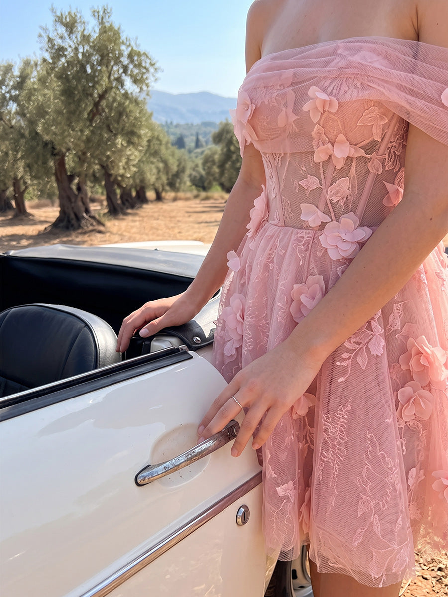 Off Shoulder Short Prom Dresses Pink 3D Floral Tulle Corset A-Line
