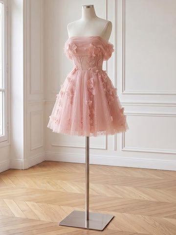 Off Shoulder Short Prom Dresses Pink 3D Floral Tulle Corset A-Line