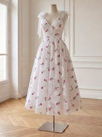 White Lace Midi Prom Dresses A Line Cherry Embroidered Deep V Bow Strap
