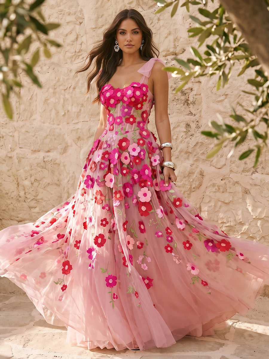 Corset A Line Long Prom Dresses Pink 3D Floral Applique Tulle Bow Straps Sweetheart