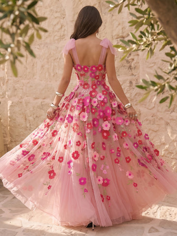 Corset A Line Long Prom Dresses Pink 3D Floral Applique Tulle Bow Straps Sweetheart