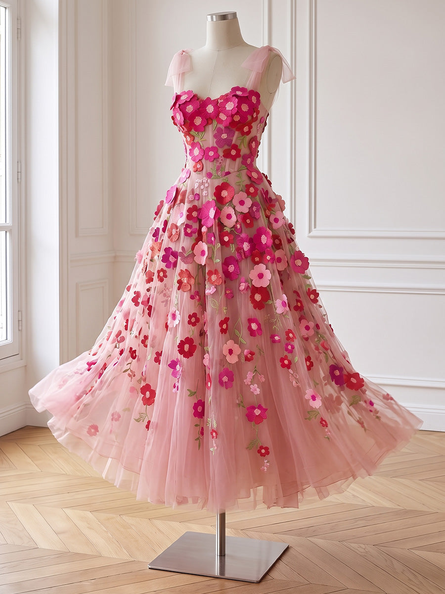 Corset A Line Long Prom Dresses Pink 3D Floral Applique Tulle Bow Straps Sweetheart