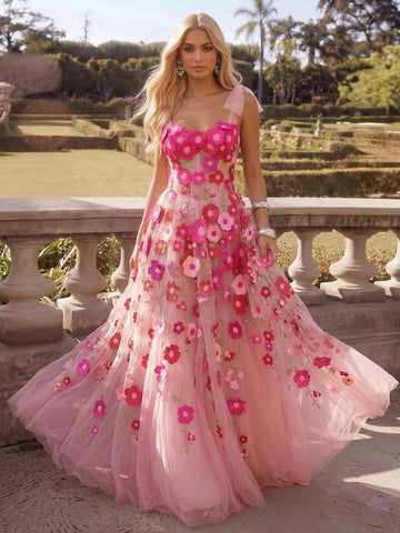 Corset A Line Long Prom Dresses Pink 3D Floral Applique Tulle Bow Straps Sweetheart