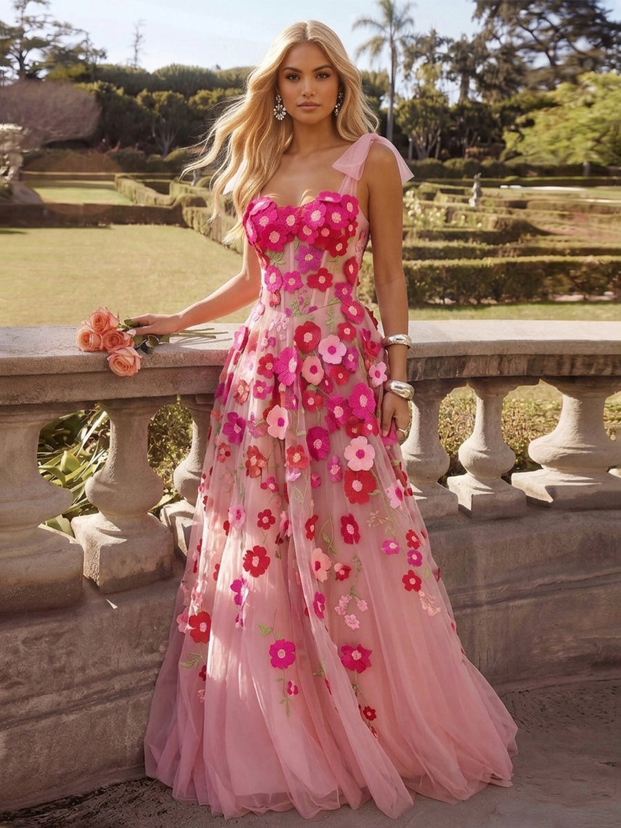 Corset A Line Long Prom Dresses Pink 3D Floral Applique Tulle Bow Straps Sweetheart