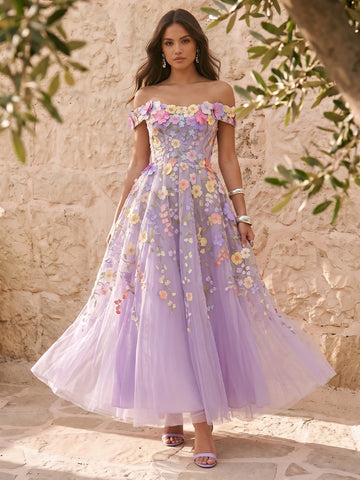3D Floral Applique Midi Prom Dresses Lavender Tulle Off Shoulder Corset A Line