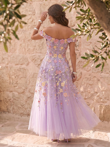 3D Floral Applique Midi Prom Dresses Lavender Tulle Off Shoulder Corset A Line