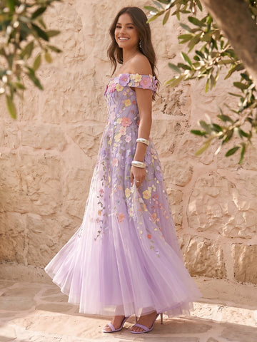 3D Floral Applique Midi Prom Dresses Lavender Tulle Off Shoulder Corset A Line