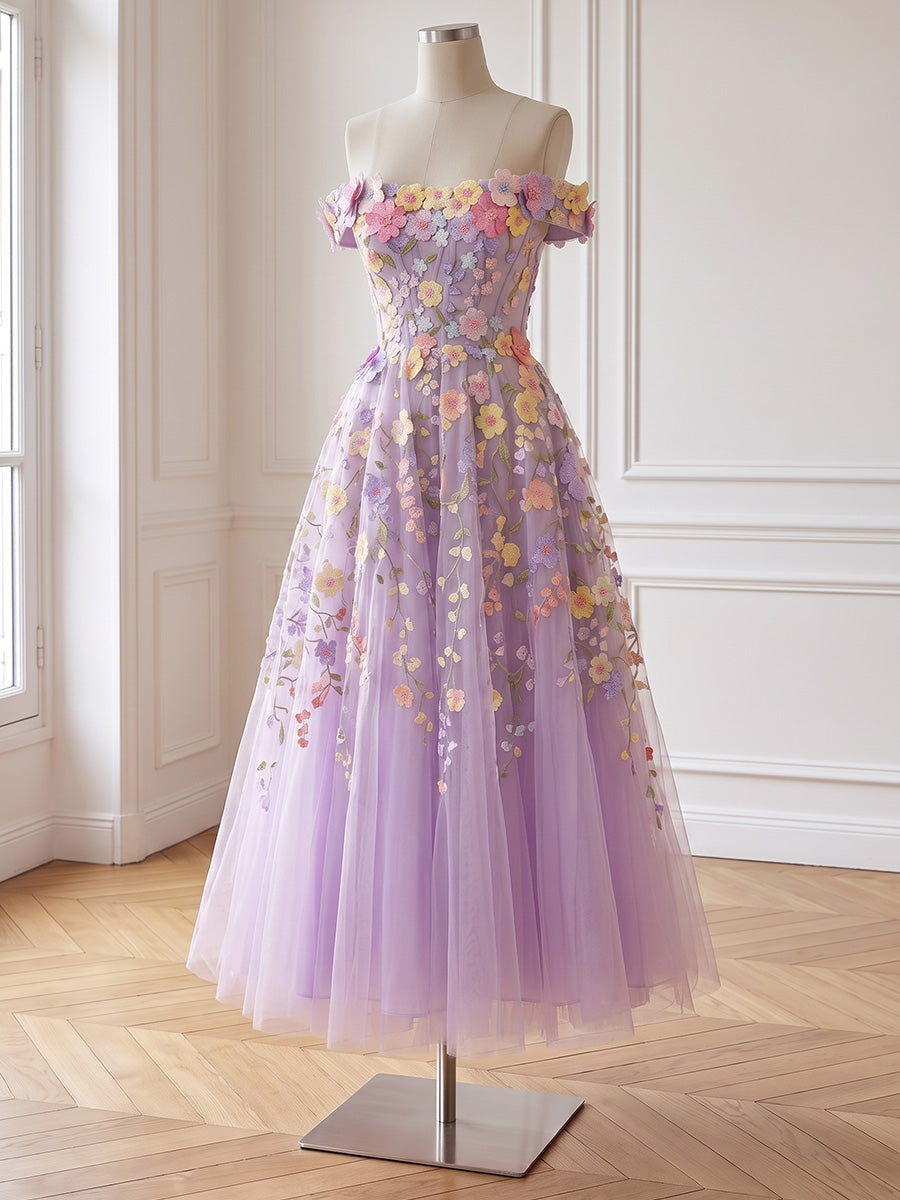3D Floral Applique Midi Prom Dresses Lavender Tulle Off Shoulder Corset A Line