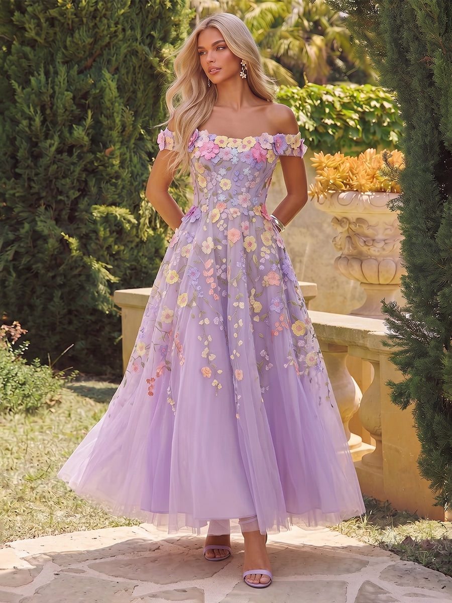3D Floral Applique Midi Prom Dresses Lavender Tulle Off Shoulder Corset A Line