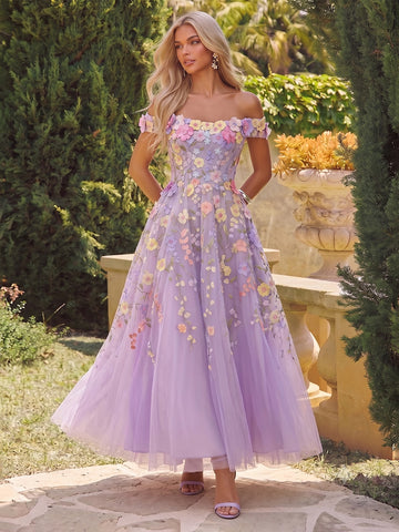 3D Floral Applique Midi Prom Dresses Lavender Tulle Off Shoulder Corset A Line