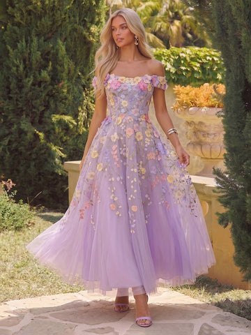 3D Floral Applique Midi Prom Dresses Lavender Tulle Off Shoulder Corset A Line