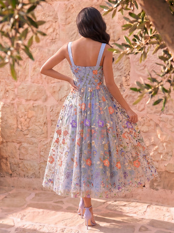 Light Blue Prom Dress Floral Embroidered Tulle Wide Strap Sweetheart Midi
