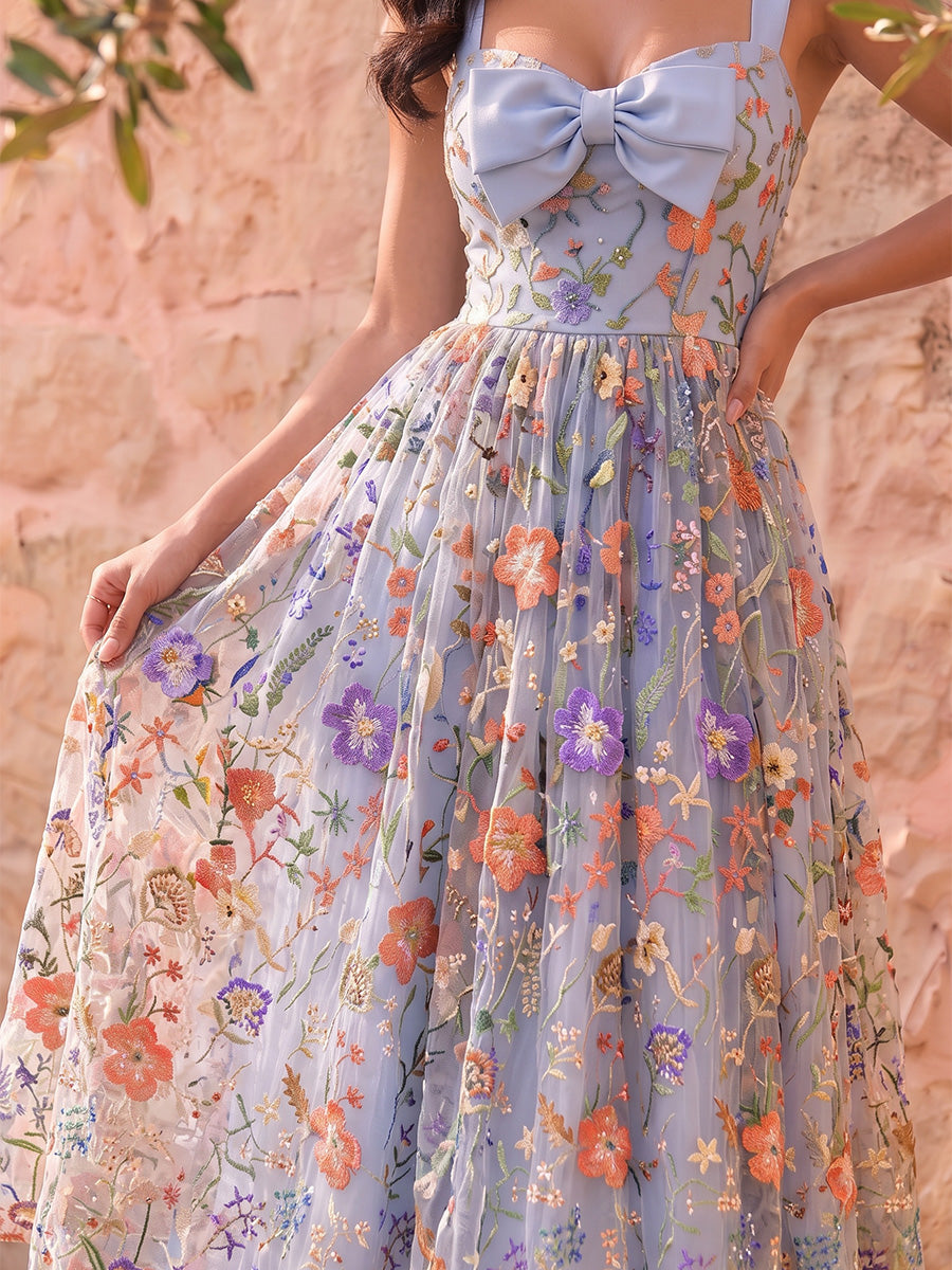 Light Blue Prom Dress Floral Embroidered Tulle Wide Strap Sweetheart Midi