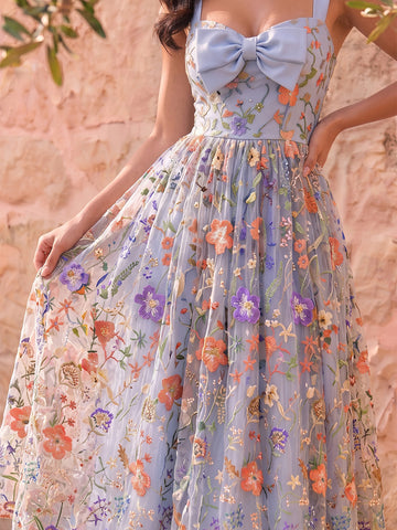 Light Blue Prom Dress Floral Embroidered Tulle Wide Strap Sweetheart Midi