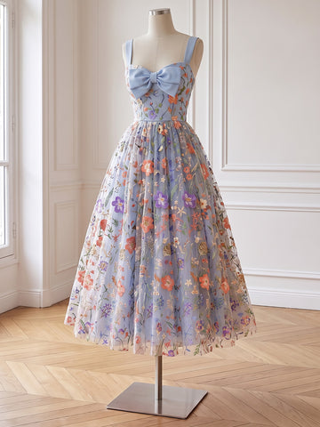 Light Blue Prom Dress Floral Embroidered Tulle Wide Strap Sweetheart Midi