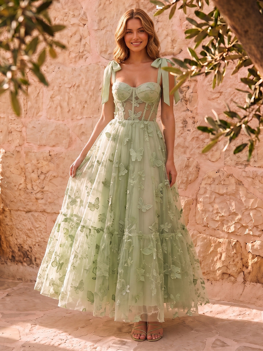 Sage Butterfly Embroidered Tulle Prom Dresses Corset Sweetheart Bow Strap Tiered A Line