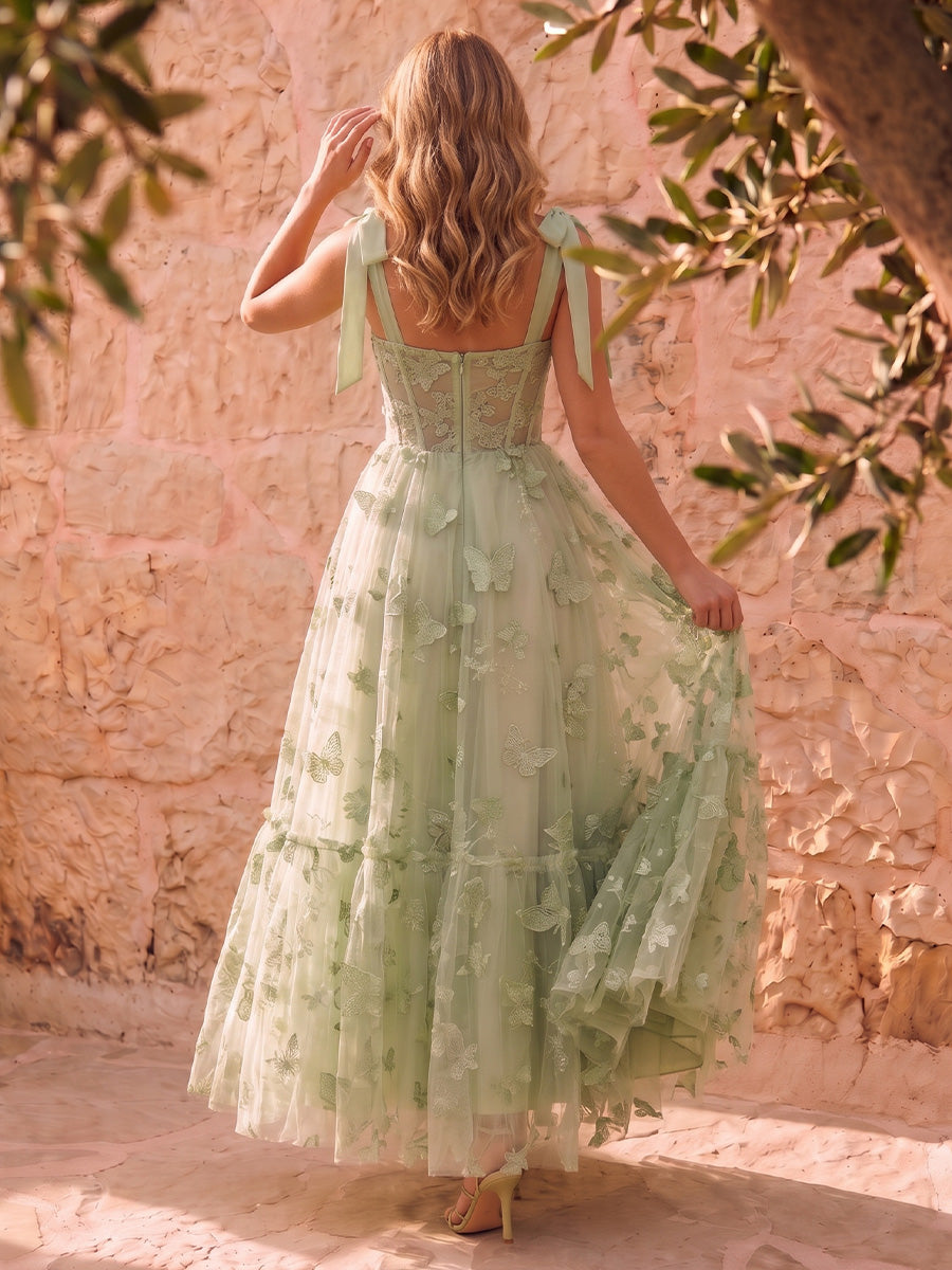 Sage Butterfly Embroidered Tulle Prom Dresses Corset Sweetheart Bow Strap Tiered A Line