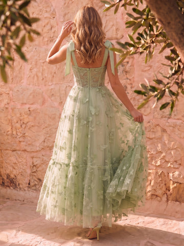 Sage Butterfly Embroidered Tulle Prom Dresses Corset Sweetheart Bow Strap Tiered A Line