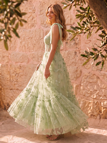 Sage Butterfly Embroidered Tulle Prom Dresses Corset Sweetheart Bow Strap Tiered A Line