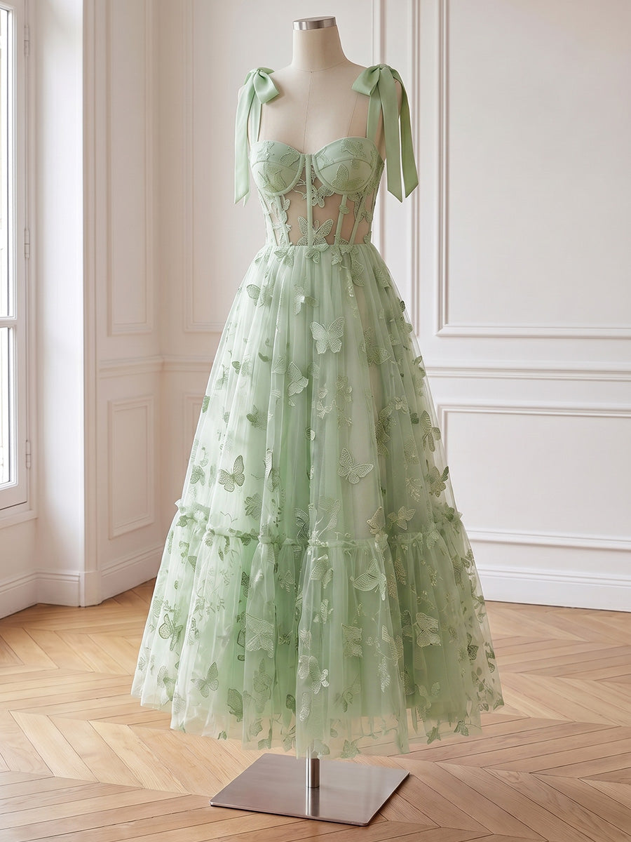 Sage Butterfly Embroidered Tulle Prom Dresses Corset Sweetheart Bow Strap Tiered A Line
