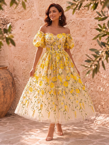 Yellow Floral Embroidered Midi Prom Dresses Off Shoulder Puffy Sleeve A Line