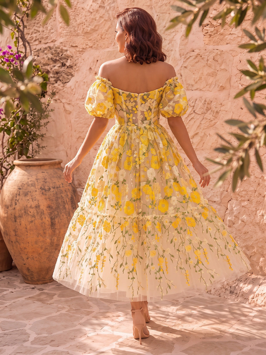 Yellow Floral Embroidered Midi Prom Dresses Off Shoulder Puffy Sleeve A Line