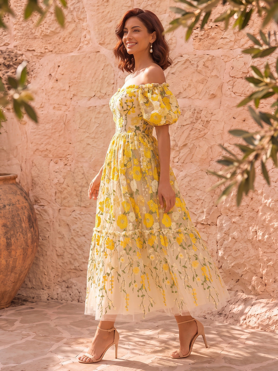 Yellow Floral Embroidered Midi Prom Dresses Off Shoulder Puffy Sleeve A Line
