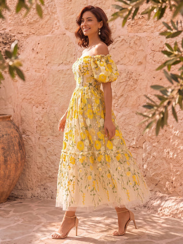 Yellow Floral Embroidered Midi Prom Dresses Off Shoulder Puffy Sleeve A Line