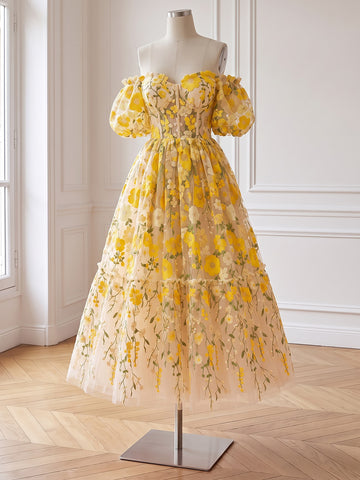 Yellow Floral Embroidered Midi Prom Dresses Off Shoulder Puffy Sleeve A Line