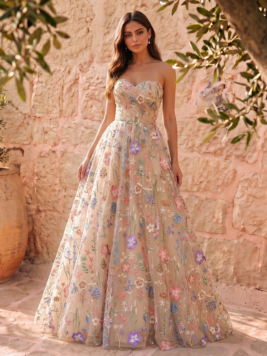 Nude Colorful Floral Embroidered Tulle Long Prom Dresses Strapless Sweetheart A Line
