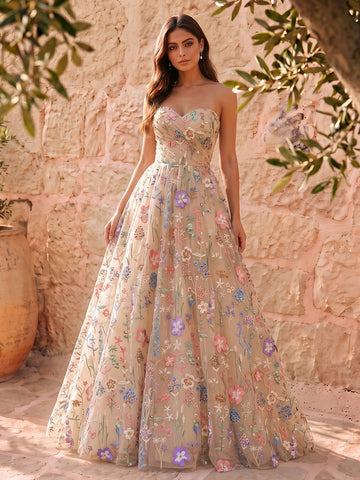 Nude Colorful Floral Embroidered Tulle Long Prom Dresses Strapless Sweetheart A Line