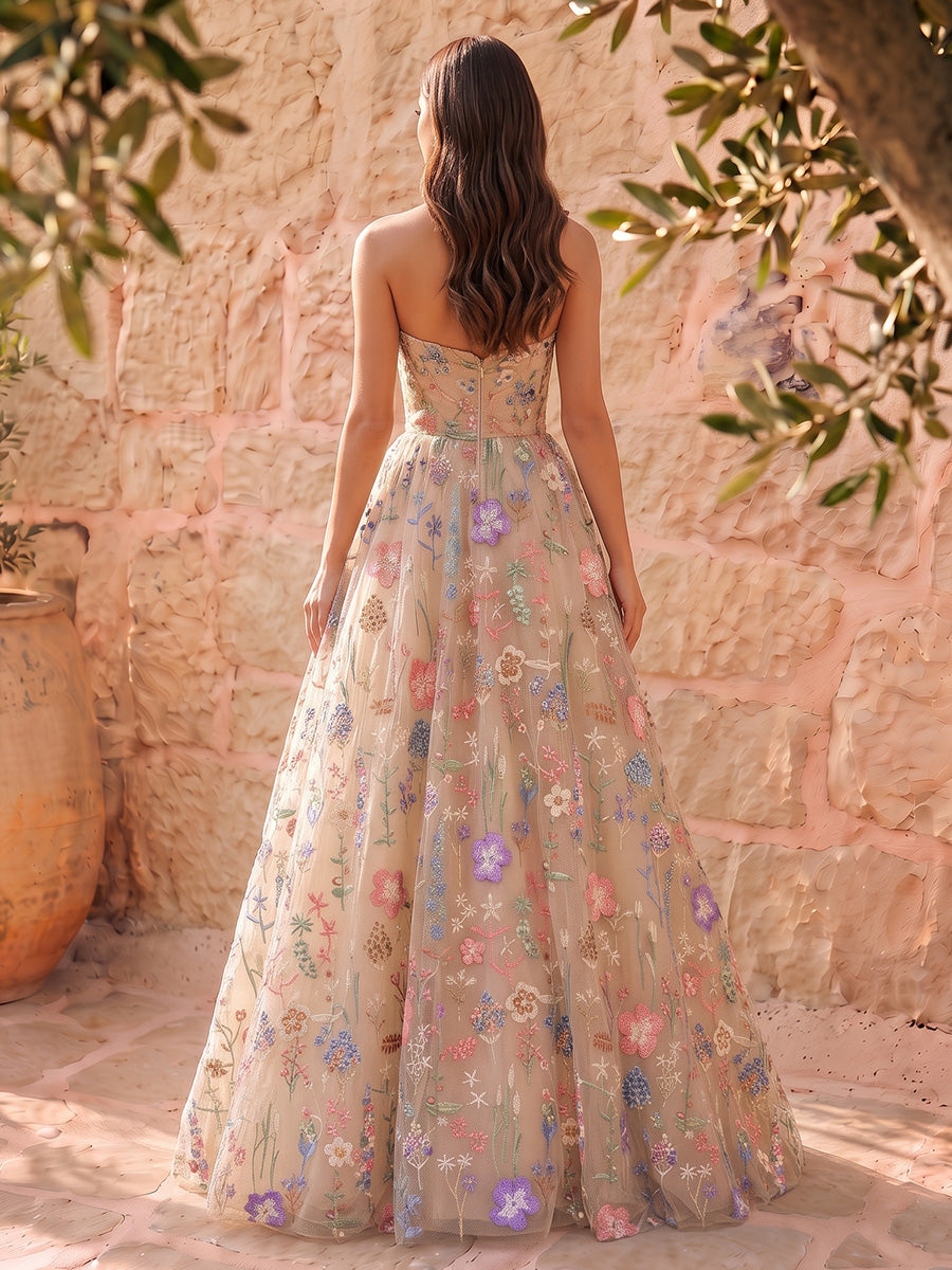 Nude Colorful Floral Embroidered Tulle Long Prom Dresses Strapless Sweetheart A Line