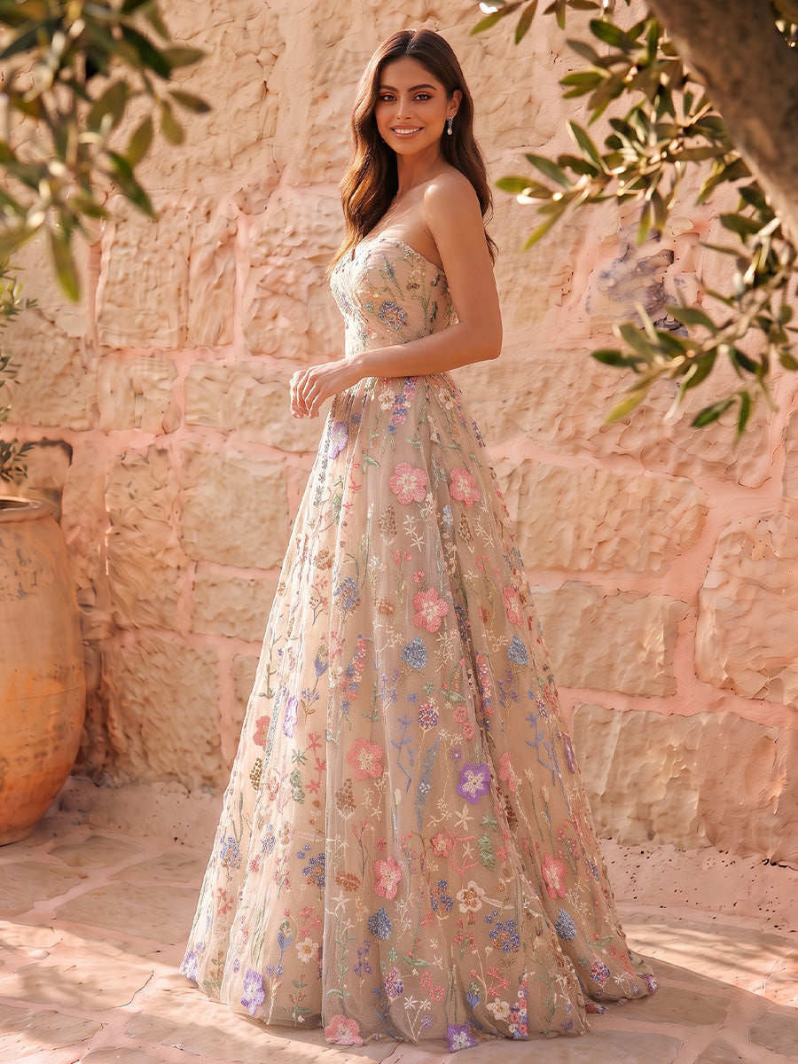 Nude Colorful Floral Embroidered Tulle Long Prom Dresses Strapless Sweetheart A Line
