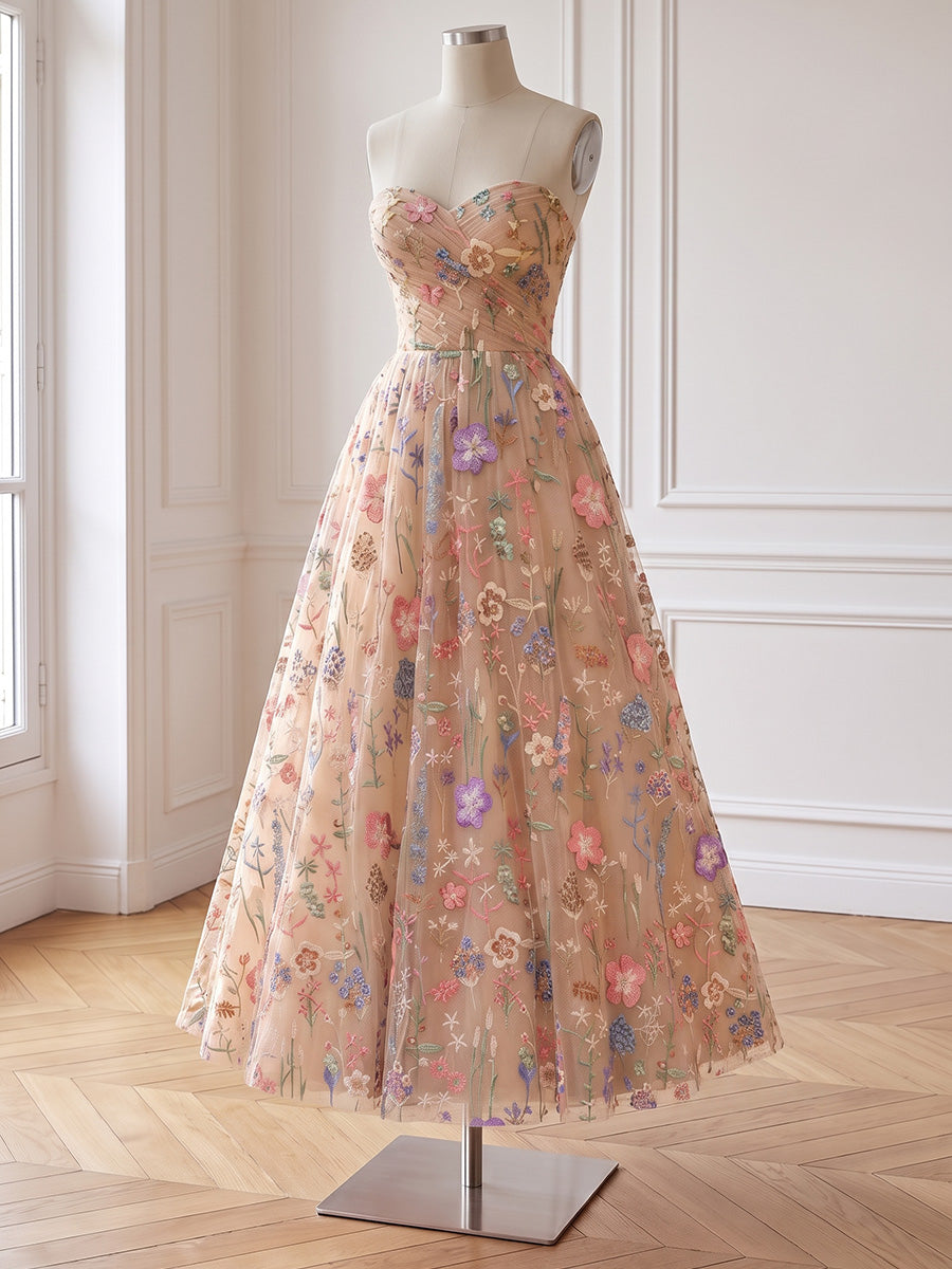 Nude Colorful Floral Embroidered Tulle Long Prom Dresses Strapless Sweetheart A Line