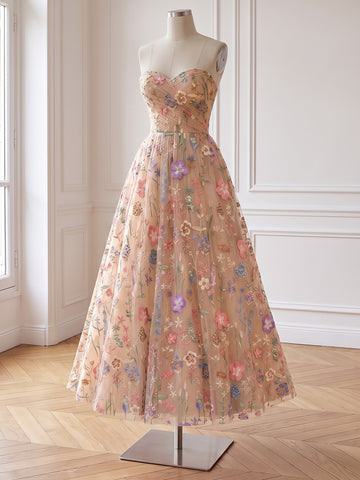 Nude Colorful Floral Embroidered Tulle Long Prom Dresses Strapless Sweetheart A Line